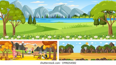 Set of different outdoor panoramic landscape scenes with cartoon character illustration