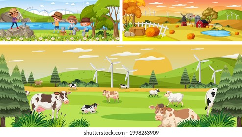 Set of different outdoor panoramic landscape scenes with cartoon character illustration