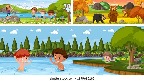Escenarios panorámicos al aire libre con ilustración de personajes de dibujos animados