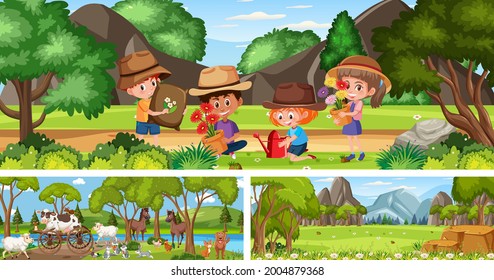 Set of different outdoor panoramic landscape scenes with cartoon character illustration
