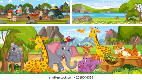 Escenarios panorámicos al aire libre con ilustración de personajes de dibujos animados