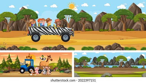 Set of different outdoor panoramic landscape scenes with cartoon character illustration