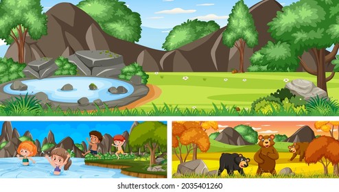 Set of different outdoor panoramic landscape scenes with cartoon character illustration