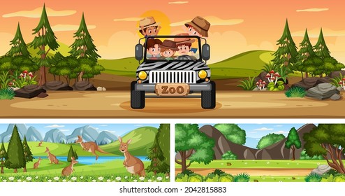 Set of different outdoor panoramic landscape scenes with cartoon character illustration