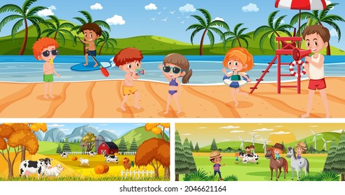Set of different outdoor panoramic landscape scenes with cartoon character illustration