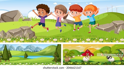 Set of different outdoor panoramic landscape scenes with cartoon character illustration