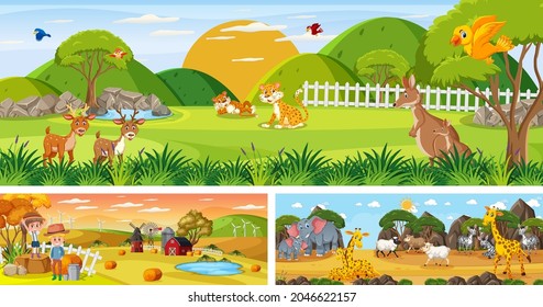 Set of different outdoor panoramic landscape scenes with cartoon character illustration