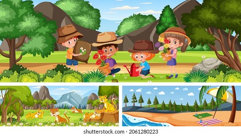 Escenarios panorámicos al aire libre con ilustración de personajes de dibujos animados