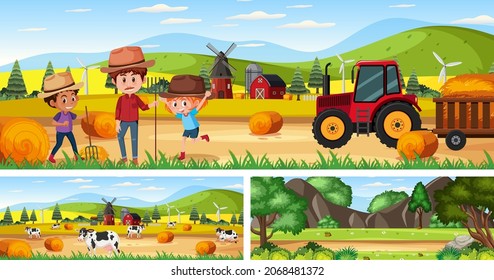 Set of different outdoor panoramic landscape scenes with cartoon character illustration