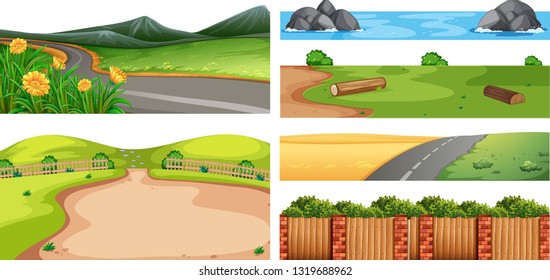 Set of different outdoor scene illustration