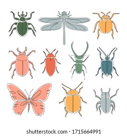 Set of different outline abstract insects. HAnd  drawn vector illustration for pattern, logo, design. 