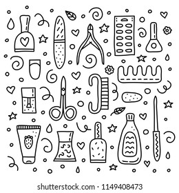 Set of different outline doodle icons for nail salon isolated on white background.