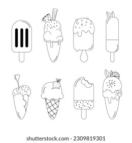 A set of different outline hand-drawn ice creams. 