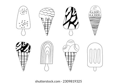 Un conjunto de diferentes cremas de hielo dibujadas a mano con contorno. Diseño de Doodle