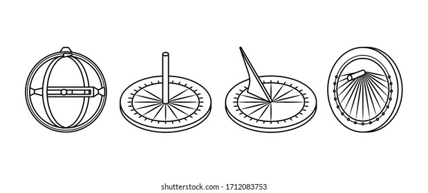 Conjunto de diferentes iconos de marcado solar antiguos de contorno. Estilo de línea. Ilustración vectorial solar antigua para el diseño web aislado en fondo blanco. 