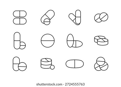 Set of different outline pills . Capsule icons collection. Healthcare treatment medicine pills symbol.eps10 Set of different outline pills . Capsule icons collection. Healthcare treatment medicine pills symbol.eps10