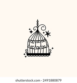 Set of different outlined cages. Line art ornamental bird cages collection, metal animal transport handing cages. Vector modern illustration isolated on background