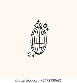 Set of different outlined cages. Line art ornamental bird cages collection, metal animal transport handing cages. Vector modern illustration isolated on background