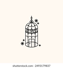 Set of different outlined cages. Line art ornamental bird cages collection, metal animal transport handing cages. Vector modern illustration isolated on background