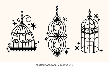 Set of different outlined cages. Line art ornamental bird cages collection, metal animal transport handing cages. Vector modern illustration isolated on background