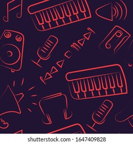 Un conjunto de diferentes símbolos o iconos de instrumentos musicales delineados sin problemas. Esta ilustración de fondo puede ser utilizada en estudios, sitios web, textura y embalaje.