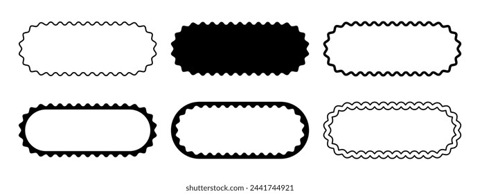 Set of different oval frames with wavy edges. Rectangular shapes with wiggly borders. Banner frames, empty text boxes, speech bubbles, tags or labels scalloped elements. Vector graphic illustration.