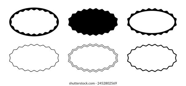 Set of different oval frames with zigzag borders. Elliptic shapes with jagged edges. Text box, sticker, tag or speech bubble templates isolated on white background. Vector graphic illustration.