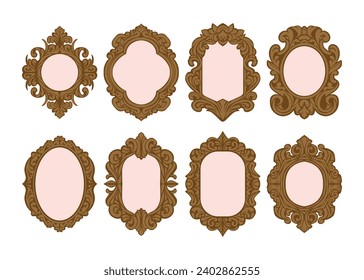 Set of different oval mirror vintage frame or border collection, Modern or classic and decorative vintage frames, Photo or mirror frames. Vintage with flower, retro design. vector illustration