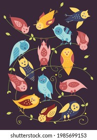 Set of different owls. Stock vector illustration
