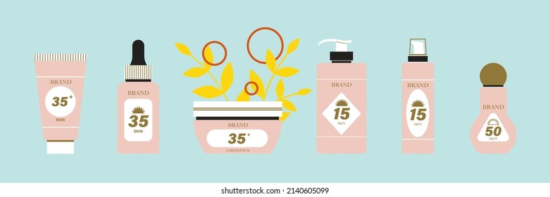 Set of different package for cosmetics for hair, face and body. Set of organic cosmetics in bottles, tubes and jars. Flat vector style.