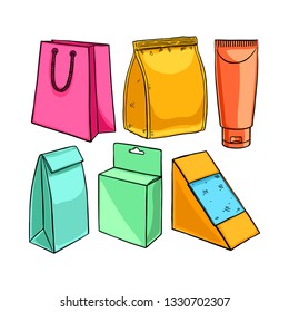 set of different packaging. Hand-drawn illustration
