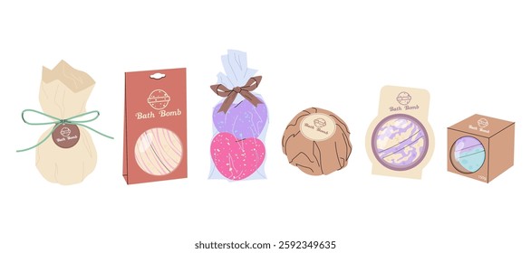 Set of different packs of bath bombs. Cosmetic product. Body care, spa, relaxation. Packing paper, sachet, cardboard box for product design.
