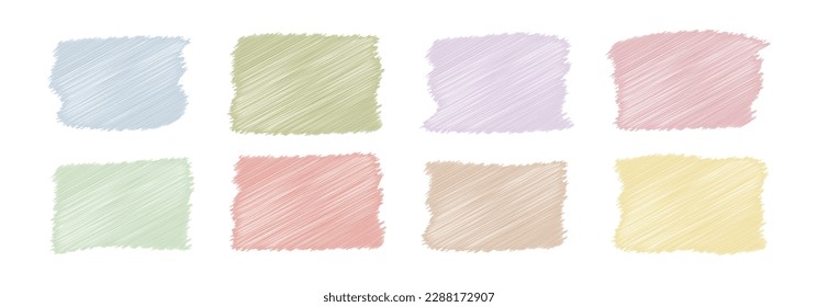 Set of different paint brush strokes in pastel colors with doodle, grunge texture. Artistic design elements isolated on white background. vector illustration