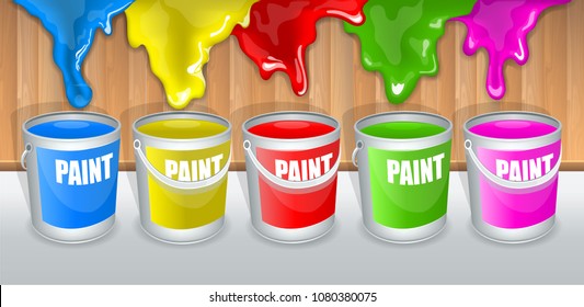 Set of different  paint dripping on the wood fence.