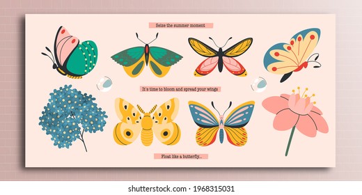 Set of different painted butterflies. Images of butterflies and flowers with tags. Modern illustration. All elements are isolated.