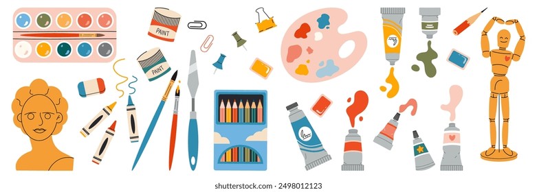 Set of different painting tools and supplies for school. Art supplies: mannequins, paints, brushes, pencils. Trendy modern vector illustration isolated on white, hand drawn, flat design