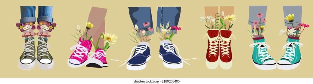 Set of different pairs of female or male legs in the sneakers. Cool bright sport footwear. Stylish platform shoes. High socks and flowers. Hand drawn vector colored trendy illustration. Flat design