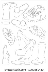 A set of different pairs of shoes (boots, sandals, shoes, sneakers, slippers and more). Vector illustration.