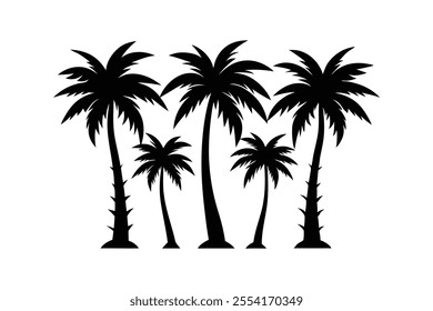 Set of different palm tree silhouette black vector art illustration.