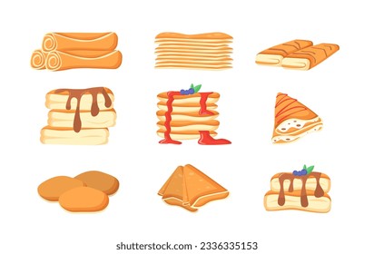 Set of different pancakes concept. Bakery products with fruit jam, honey and chocolate. Unhealthy fast food and junk eating. Cartoon flat vector collection isolated on white background