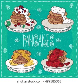 Set of different pancakes, with honey, sour cream, red berries, cherry or currant. Handmade cartoon style. Vector illustration