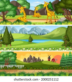 Set of different panoramic nature landscape with cartoon character illustration