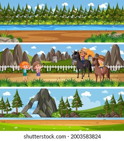 Conjunto de paisajes naturales panorámicos diferentes con ilustración de caricaturas