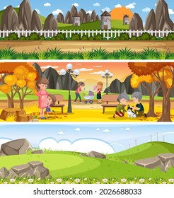 Set of different panoramic nature landscape with cartoon character illustration