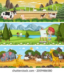 Set of different panoramic nature landscape with cartoon character illustration