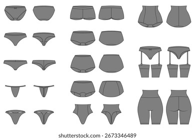 Conjunto de diferentes tipos de bragas de mujer con vistas frontales y traseras, ilustración monocromática, aislado sobre fondo blanco.