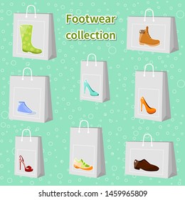 Set of different paper bags with bright cute pictures of different footwear. Vector, isolated. 