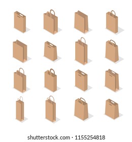 Set of different paper bags isolated on white background. Element of package design. Flat 3D isometric style, vector illustration.