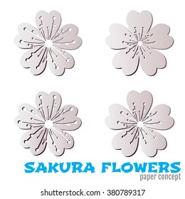 Set of different paper cherry tree flowers isolated on white background. Collection of paper sakura blossom - japanese cherry tree. Elements of floral spring design, vector.