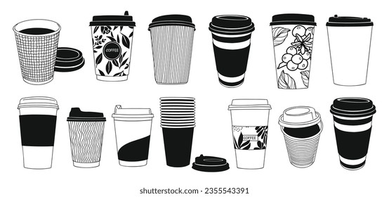 Set of different paper Coffee cups take away. Various disposable cups of coffee to go. Collection of Hand drawn doodle line art vector illustrations isolated on white background